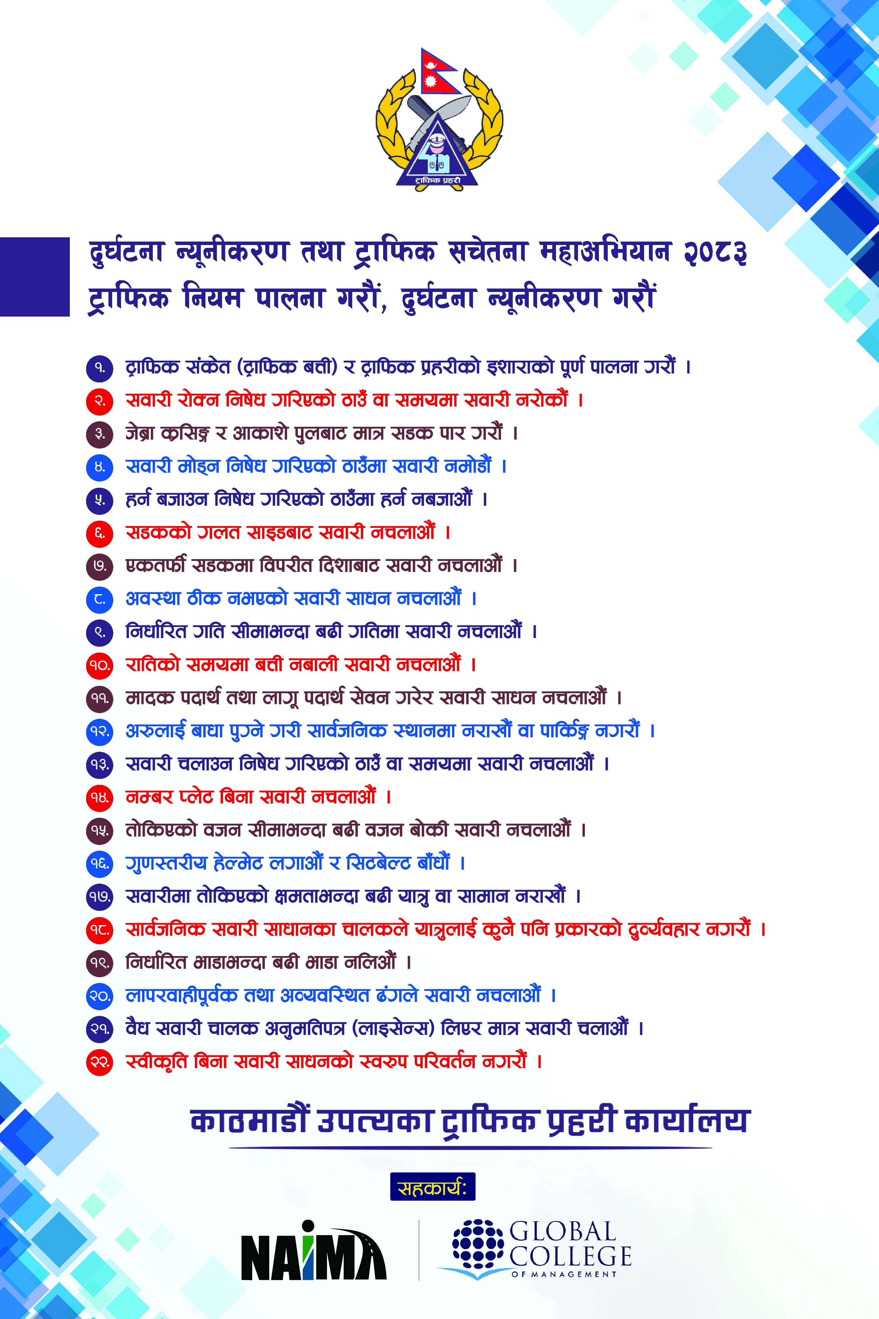 ट्राफिक नियम पालना गर्न काठमाडौं उपत्यका ट्राफिक प्रहरीको विशेष महाअभियान